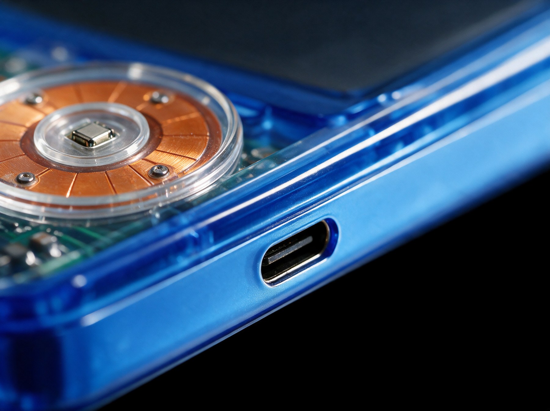 Voltage &mdash; macro detail, translucent electric blue iPod Classic.